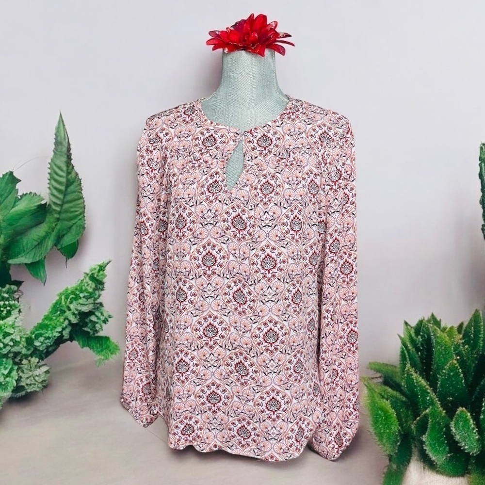 LOFT Large Red Pink Floral Blouse Keyhole Neck Long Sleeve Lightweight Top - Picture 2 of 13